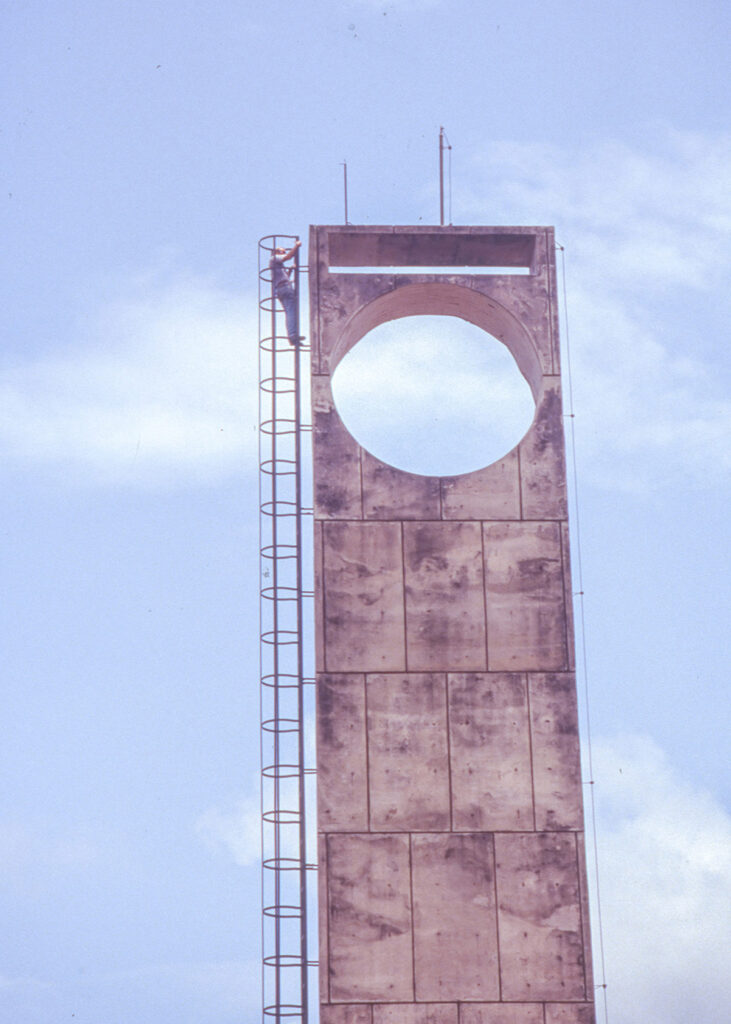 Peter climbs the Equator Monument at the Estádio Milton Corrêa in Macapá (Peter Moore)